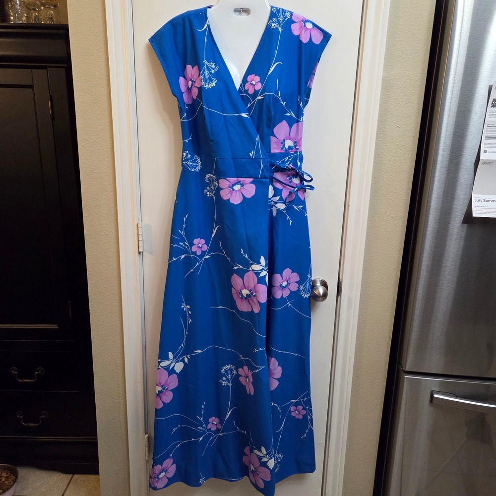 Vintage Made in Hawaii Blue Floral Wrap Maxi Dress Muumuu Purple Hibiscus Sz 14